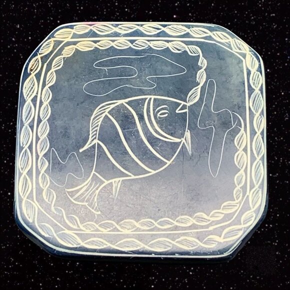Vintage Hand Carved Fish Blue Soapstone Coaster 3.25”D - Picture 1 of 6